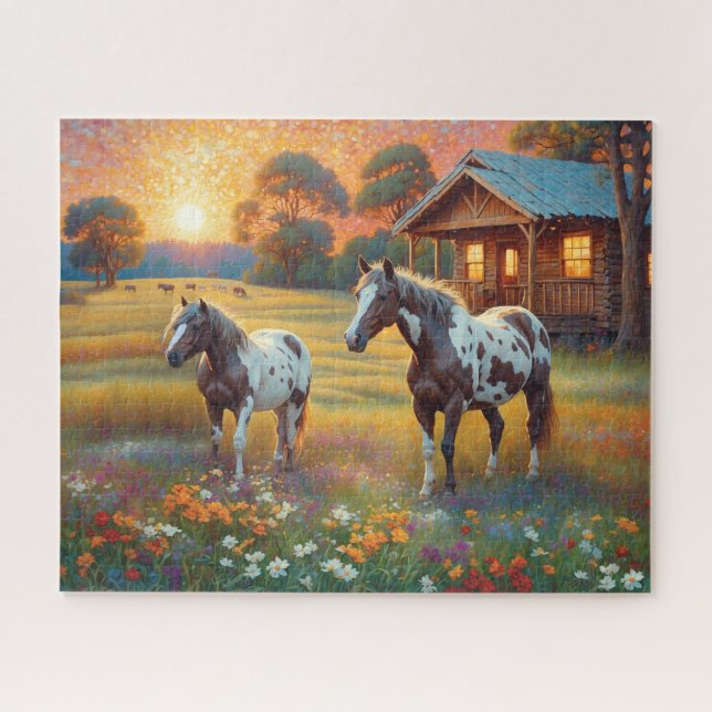 Puzzle Caballo en pradera de flores silvestres de granja (Horizontal)