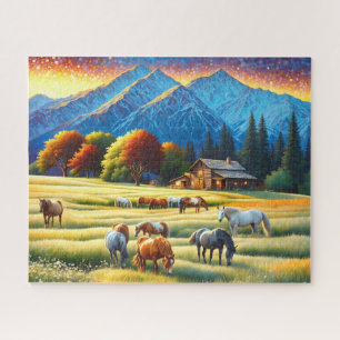 Puzzle Caballo en pradera de flores silvestres de granja