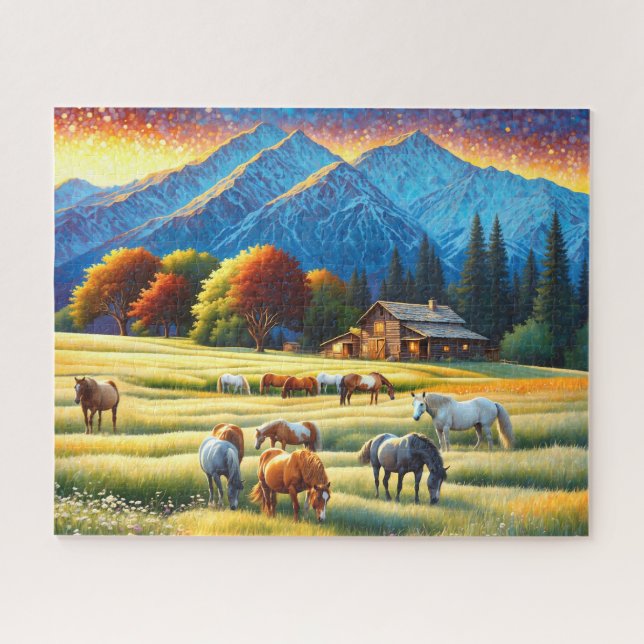 Puzzle Caballo en pradera de flores silvestres de granja (Horizontal)
