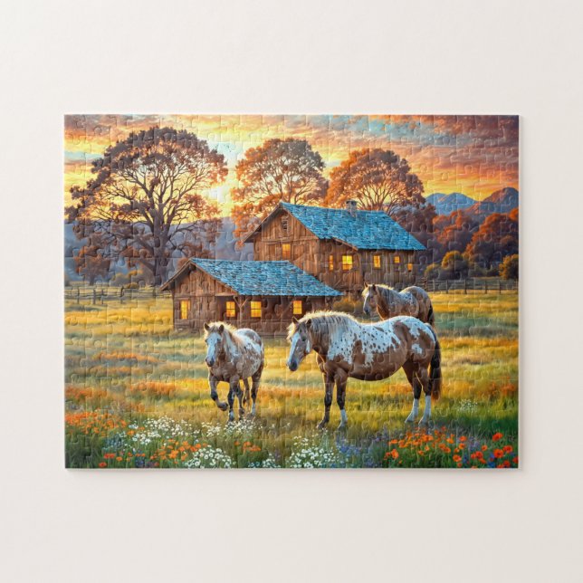 Puzzle Caballo en pradera de flores silvestres de granja (Horizontal)