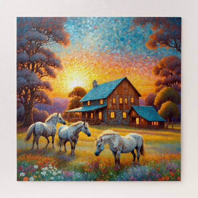 Puzzle Caballo en pradera de flores silvestres de granja (Horizontal)