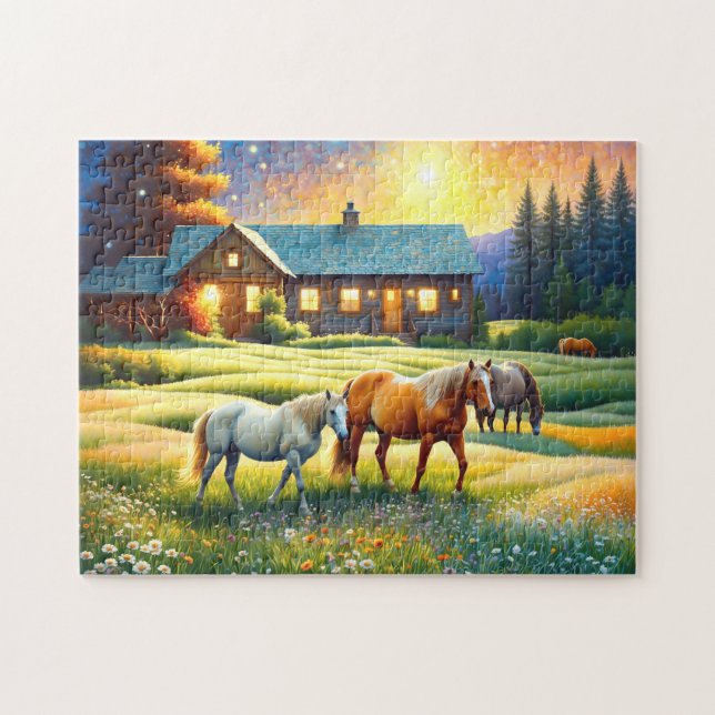 Puzzle Caballo en pradera de flores silvestres de granja (Horizontal)