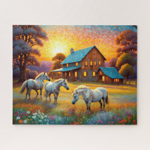Puzzle Caballo en pradera de flores silvestres de granja