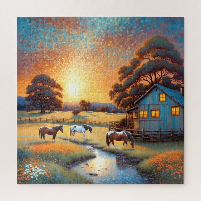 Puzzle Caballo en pradera de flores silvestres de granja (Vertical)