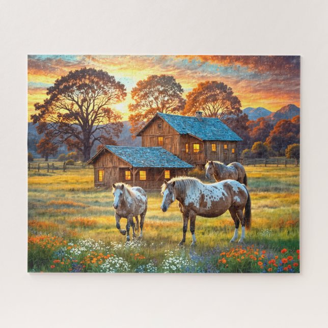 Puzzle Caballo en pradera de flores silvestres de granja (Horizontal)