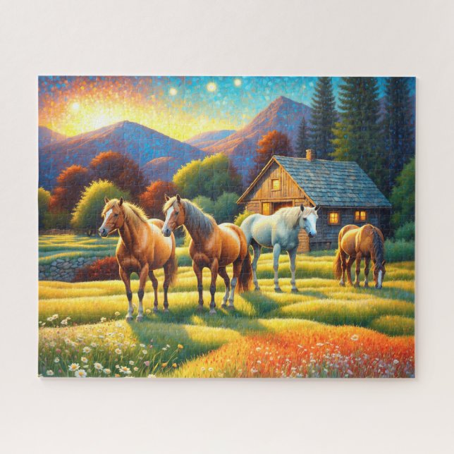 Puzzle Caballo en pradera de flores silvestres de granja (Horizontal)