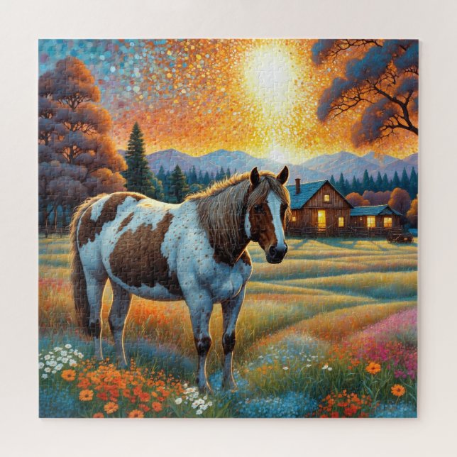 Puzzle Caballo en pradera de flores silvestres de granja (Horizontal)