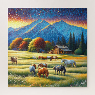 Puzzle Caballo en pradera de flores silvestres de granja