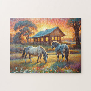 Puzzle Caballo en pradera de flores silvestres de granja