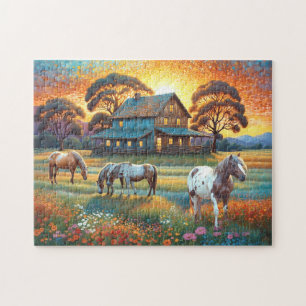 Puzzle Caballo en pradera de flores silvestres de granja