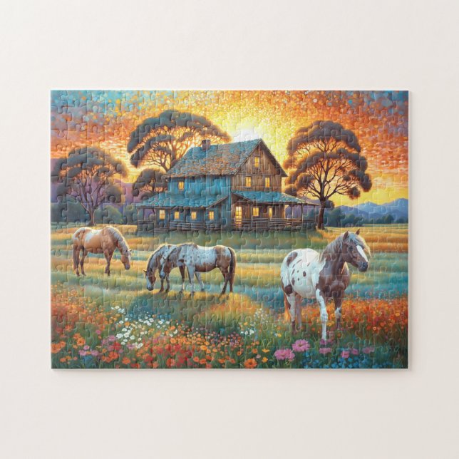 Puzzle Caballo en pradera de flores silvestres de granja (Horizontal)