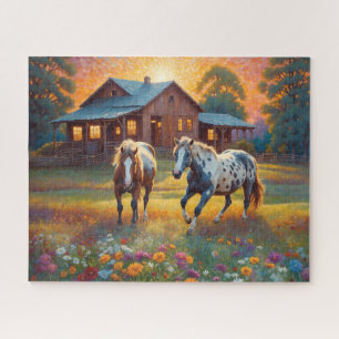 Puzzle Caballo en pradera de flores silvestres de granja