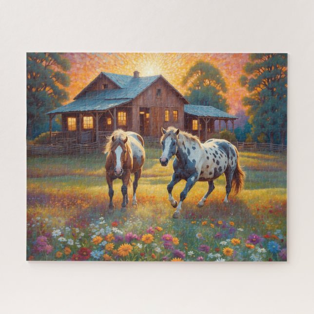 Puzzle Caballo en pradera de flores silvestres de granja (Horizontal)