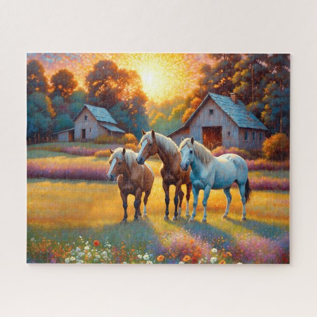 Puzzle Caballo en pradera de flores silvestres de granja (Horizontal)