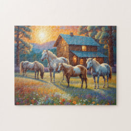 Puzzle Caballo en prado de flores silvestres de granja