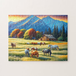 Puzzle Caballo en prado de flores silvestres de granja