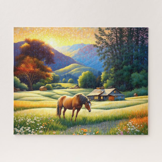 Puzzle Caballo en prado de flores silvestres de granja (Horizontal)