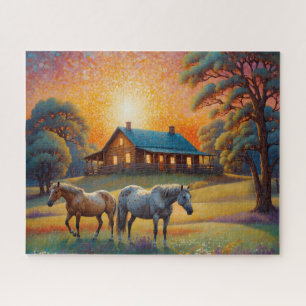 Puzzle Caballo en prado de flores silvestres de granja