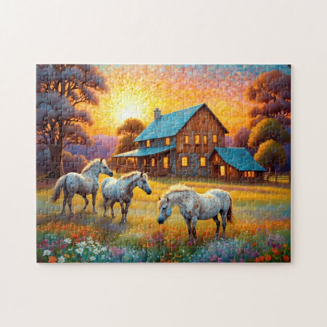 Puzzle Caballo en prado de flores silvestres de granja (Horizontal)