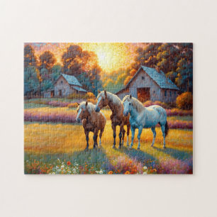 Puzzle Caballo en prado de flores silvestres de granja