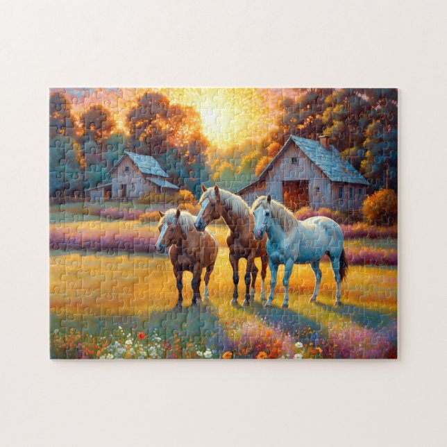 Puzzle Caballo en prado de flores silvestres de granja (Horizontal)