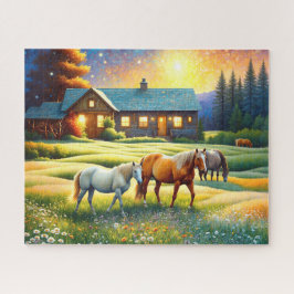 Puzzle Caballo en prado de flores silvestres de granja