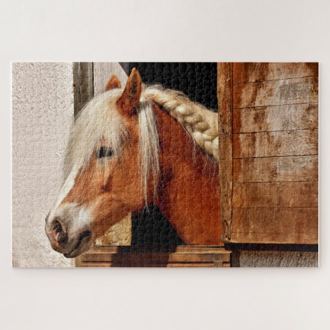 Puzzle Caballo en un establo con una forma trenzada (Horizontal)