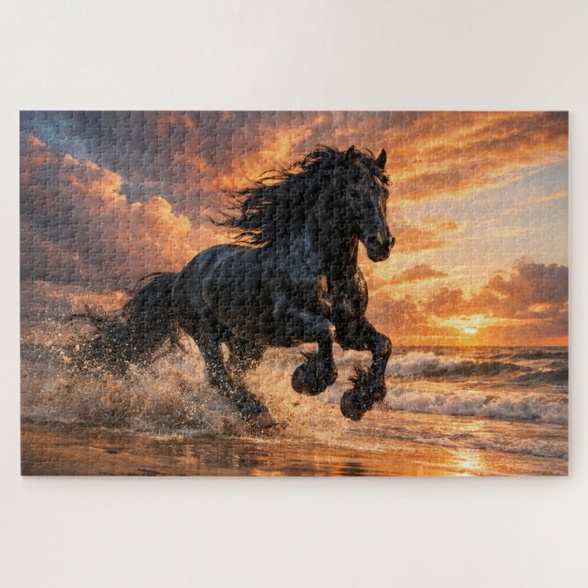Puzzle Caballo Friesian Negro en Puesta de Sol, Poderosa  (Horizontal)