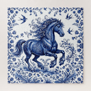 Puzzle Caballo frisón al estilo Delftware en prado