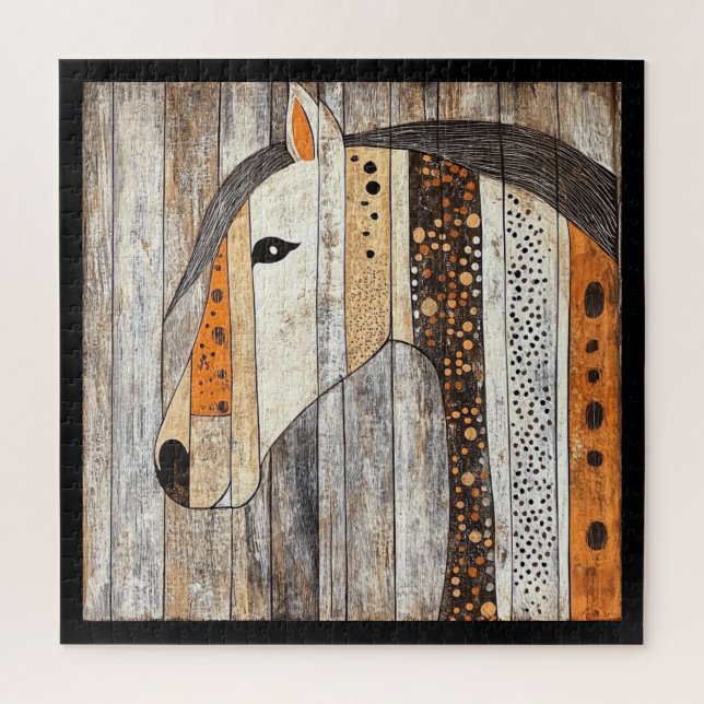 Puzzle Caballo geométrico boho de grano de madera rústico (Vertical)