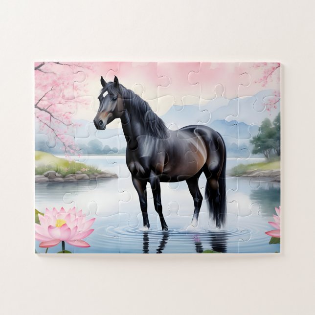 Puzzle Caballo majestuoso y belleza del loto (Horizontal)