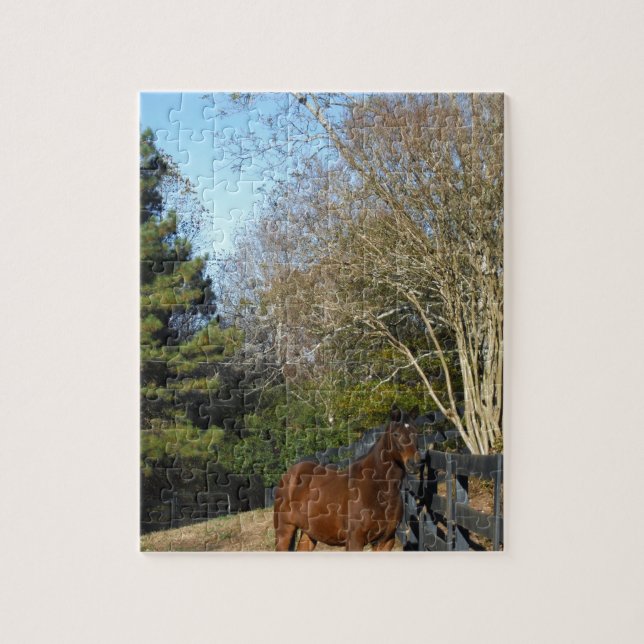 Puzzle Caballo marrón contra una valla (Vertical)