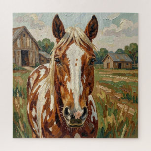 Puzzle Caballo marrón y blanco bonito en una granja rústi