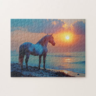 Puzzle Caballo mirando la puesta de sol junto a la playa
