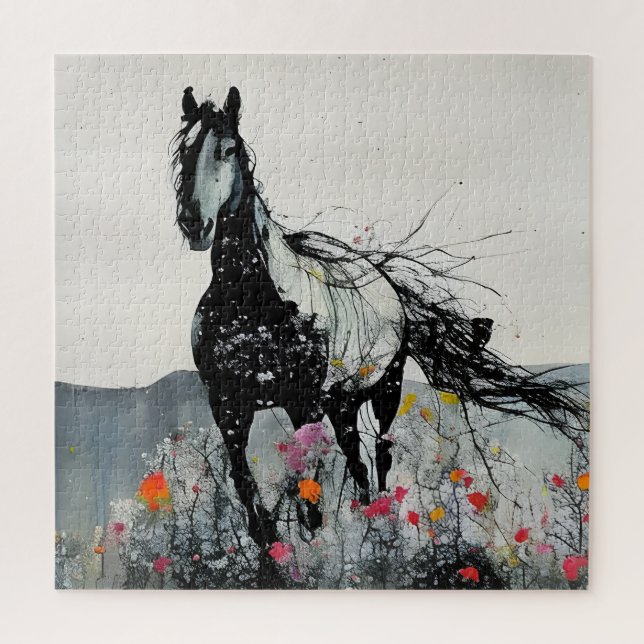 Puzzle Caballo negro con flores silvestres (Vertical)
