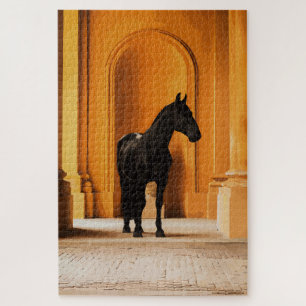 Puzzle Caballo negro elegante en arcada dorada