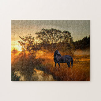 Puzzle Caballo negro en el campo del amanecer