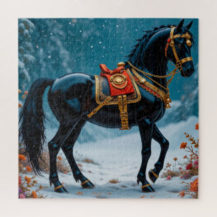 Puzzle Caballo negro majestuoso adornado con arnés de oro