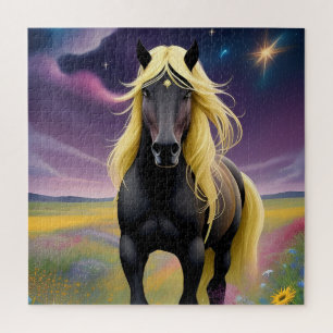 Puzzle Caballo negro majestuoso con melena dorada fluida