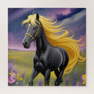 Puzzle Caballo negro majestuoso con melena dorada fluida