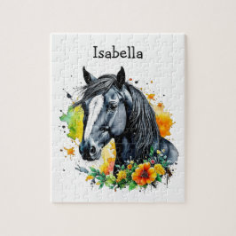 Puzzle Caballo Negro Rodeado de Flores Personalizado 