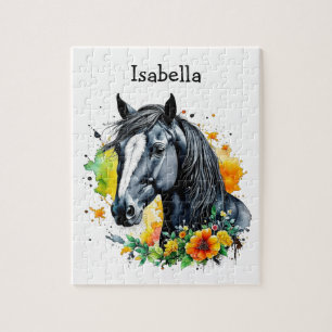 Puzzle Caballo Negro Rodeado de Flores Personalizado 