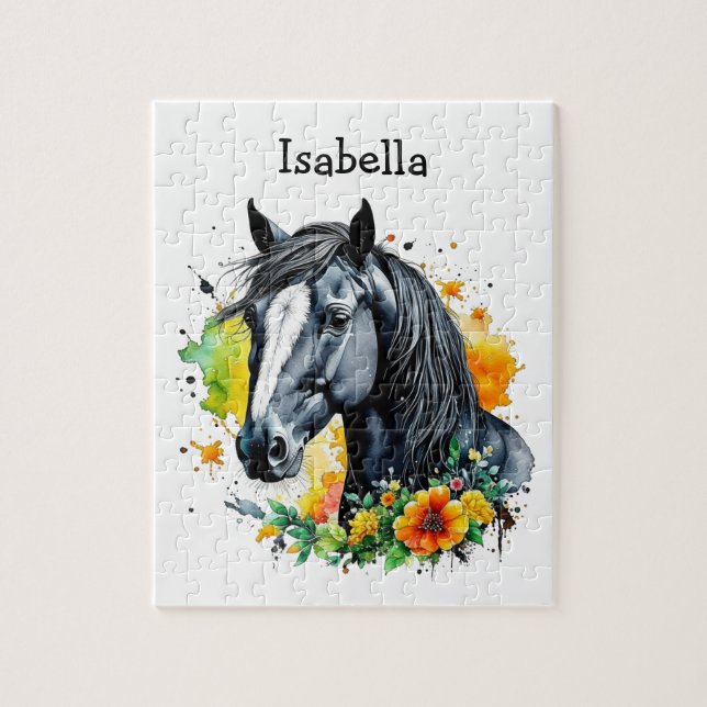 Puzzle Caballo Negro Rodeado de Flores Personalizado  (Vertical)