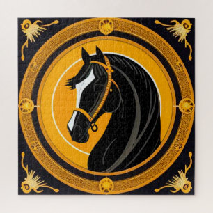 Puzzle Caballo negro sobre fondo amarillo y dorado orname