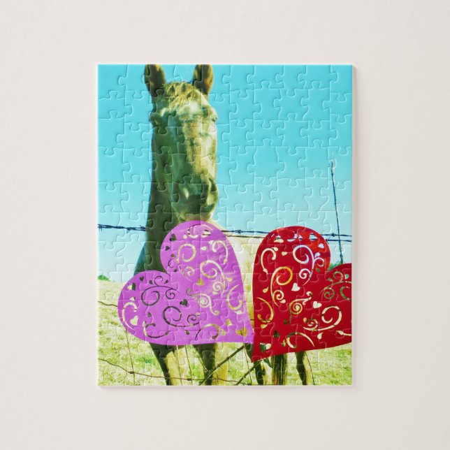 Puzzle Caballo rubio y corazón rosado y rojo (Vertical)