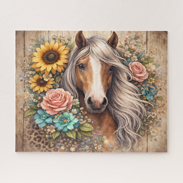Puzzle Caballo Rústico Con Flores (Horizontal)