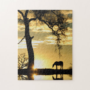 Puzzle Caballo y amanecer con árbol hermoso