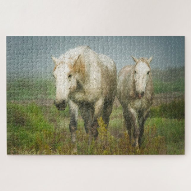 Puzzle Caballos blancos de Camargue en campo (Horizontal)