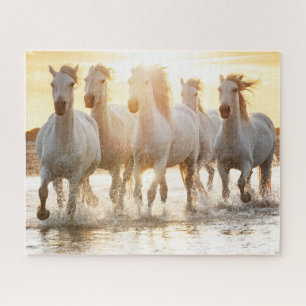 Puzzle Caballos blancos en la playa al atardecer