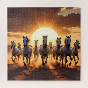 Puzzle Caballos Blancos Majestuosos en la Carrera del Des